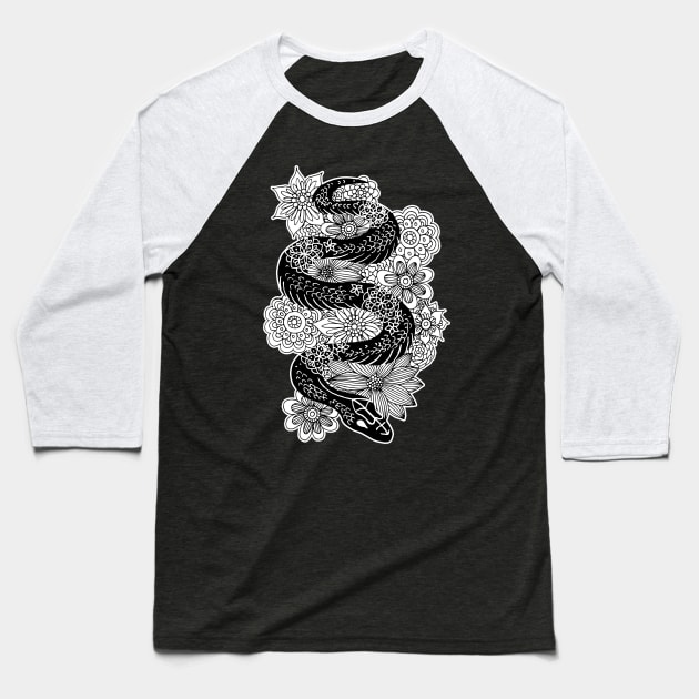 Snake with Flowers Black and White Drawing Baseball T-Shirt by julieerindesigns